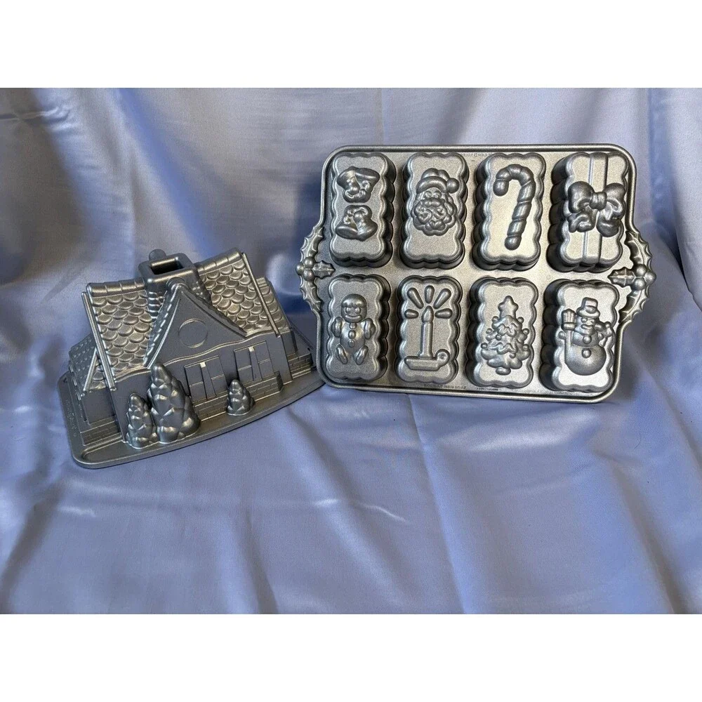 BUNDLE Nordic Ware Gingerbread House 9C Baking Pan + Holiday Mini Loaf Pan 6C